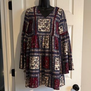 Altar'd State Navy, Burgundy & Cream Patchwork Floral Tunic